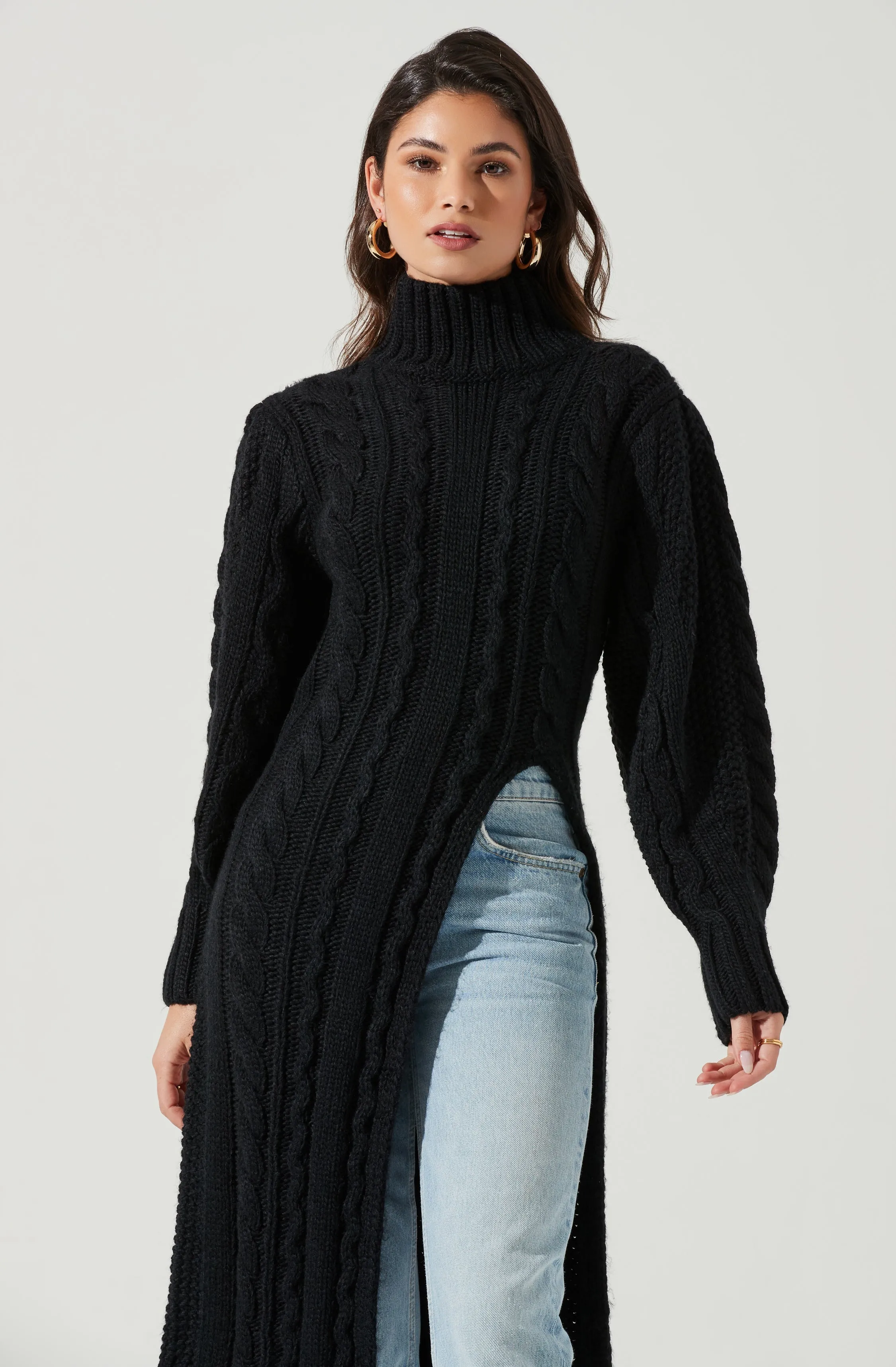 Evangelina Cable Knit Turtleneck Hi Slit Sweater