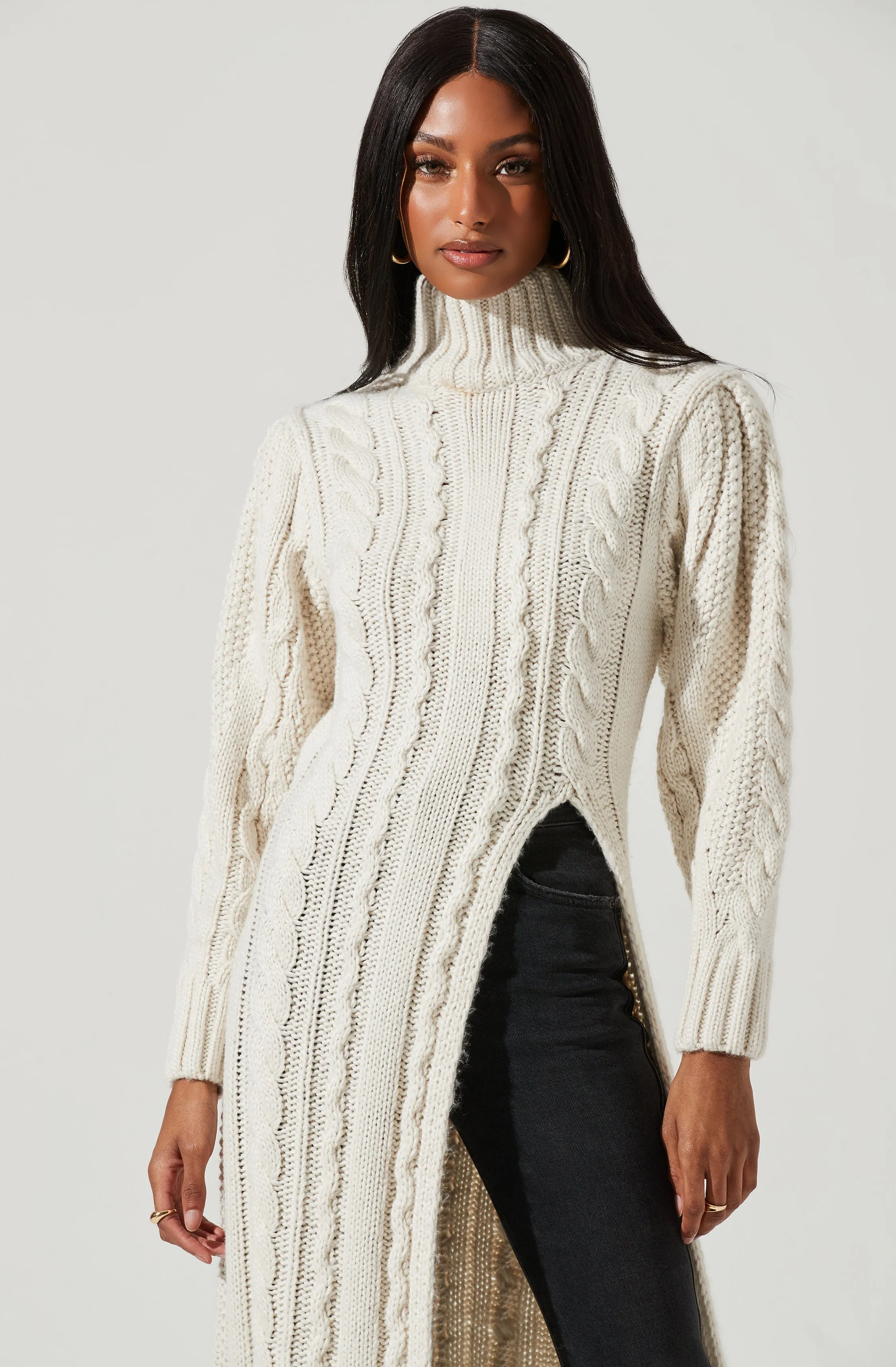 Evangelina Cable Knit Turtleneck Hi Slit Sweater