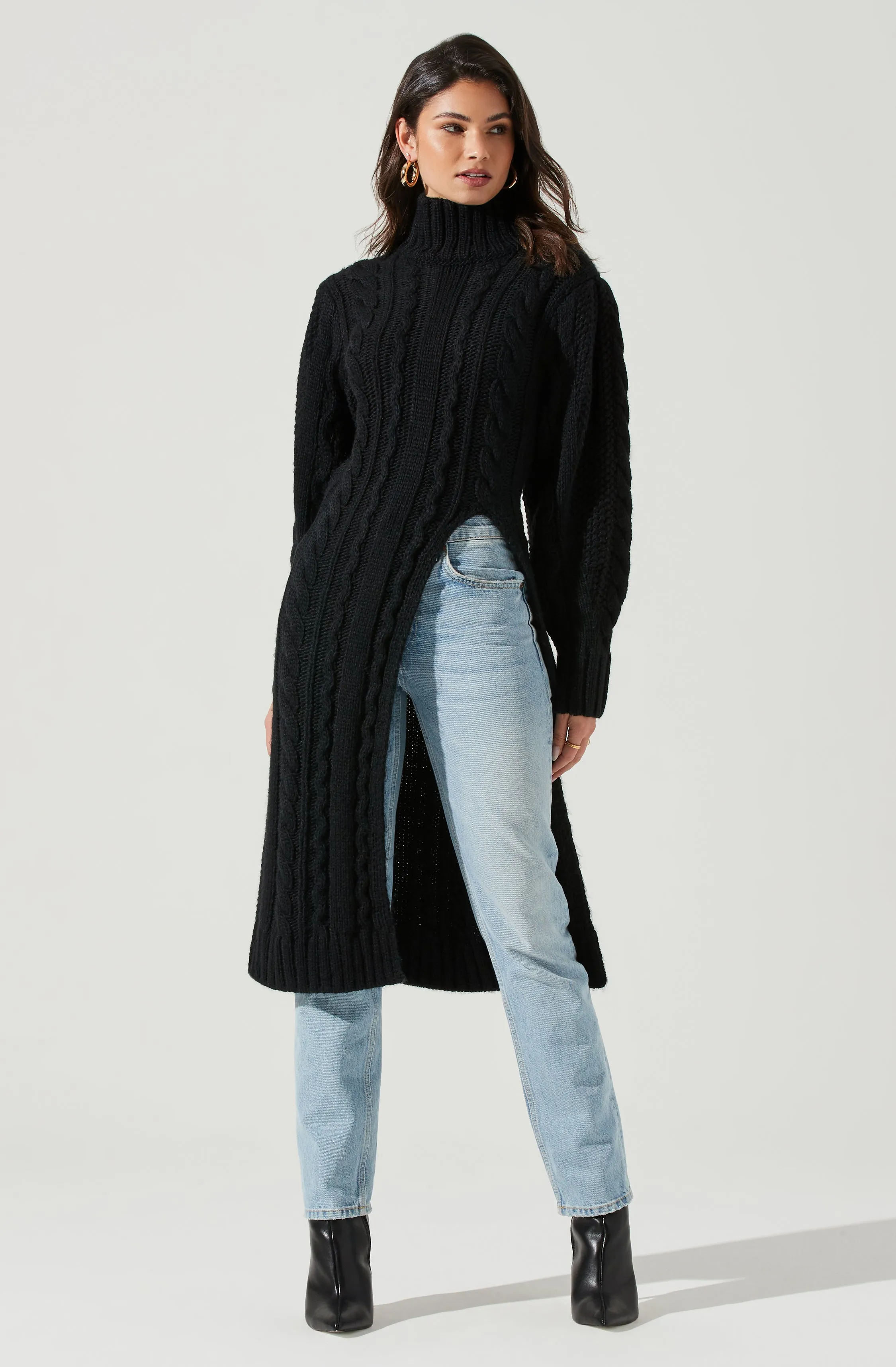 Evangelina Cable Knit Turtleneck Hi Slit Sweater