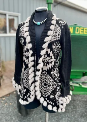 Fur Trimmed Aztec Style Cardigan Sweater