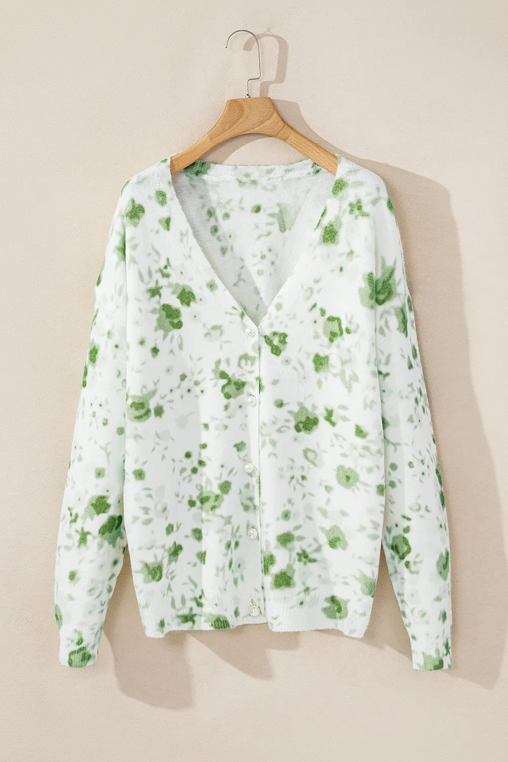 Green Printed Pearl Button V Neck Sweater Cardigan