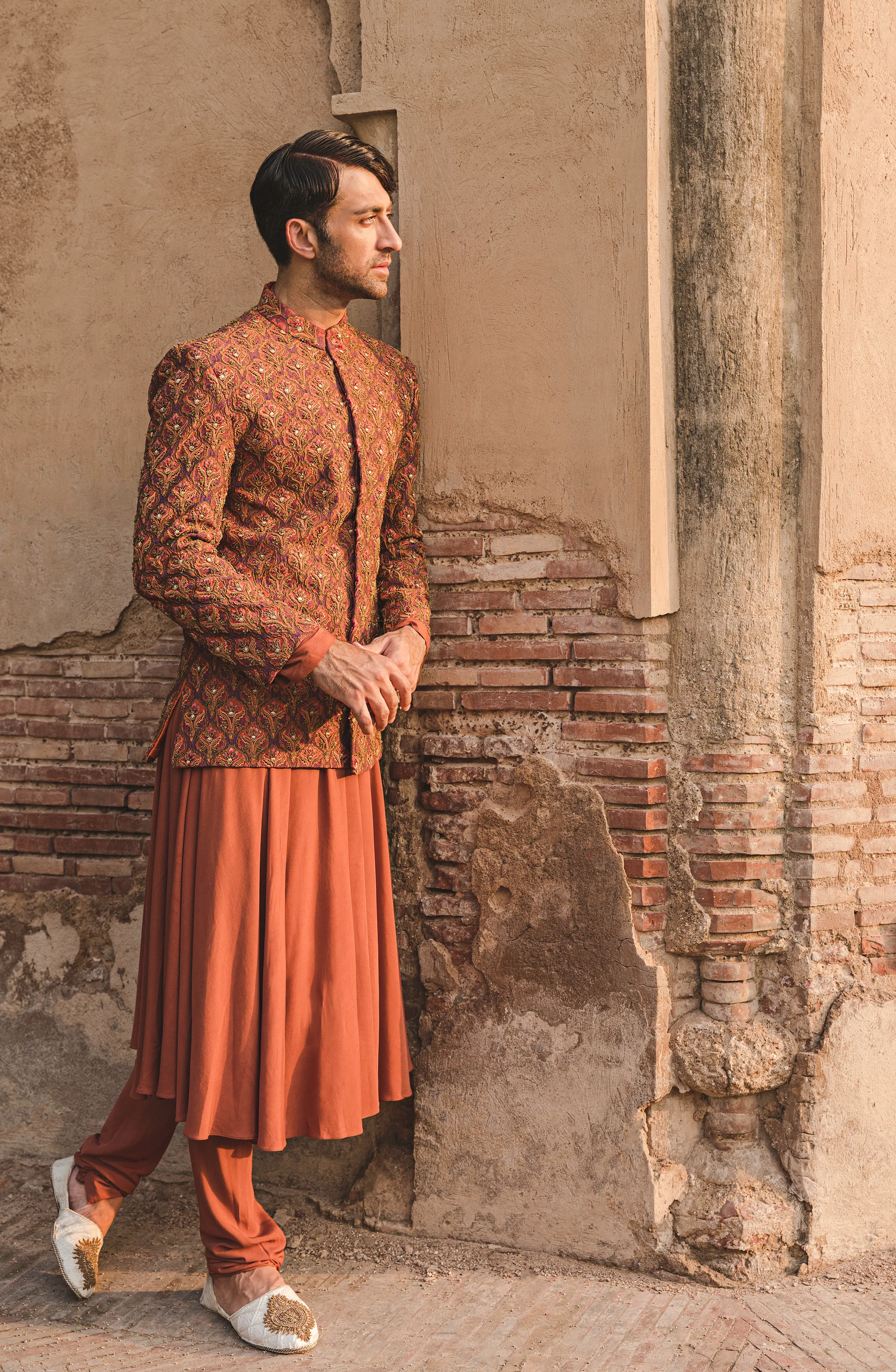 Handcrafted Rust Prince Coat with Rajasthani Kurta and Pajama