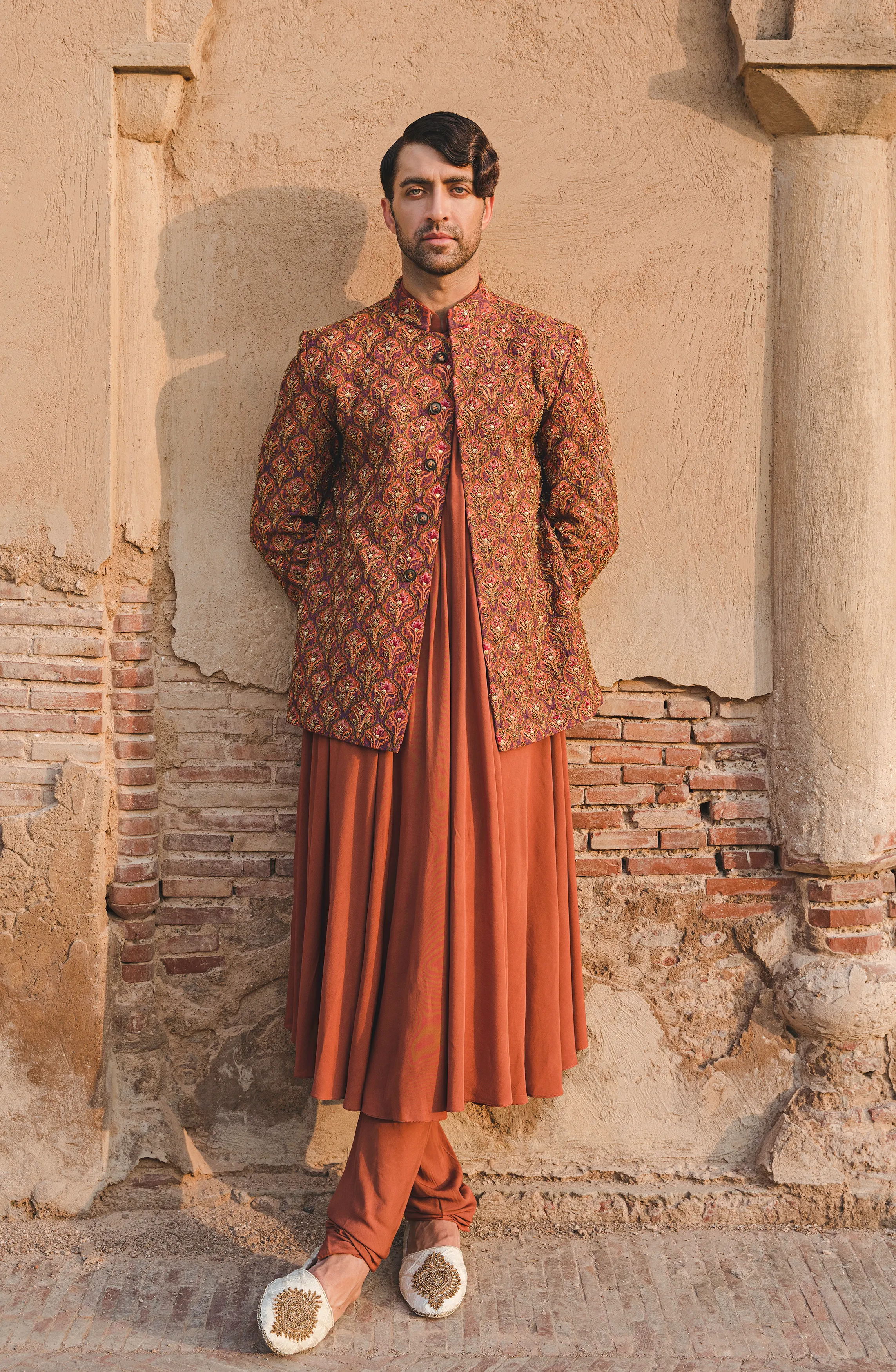 Handcrafted Rust Prince Coat with Rajasthani Kurta and Pajama