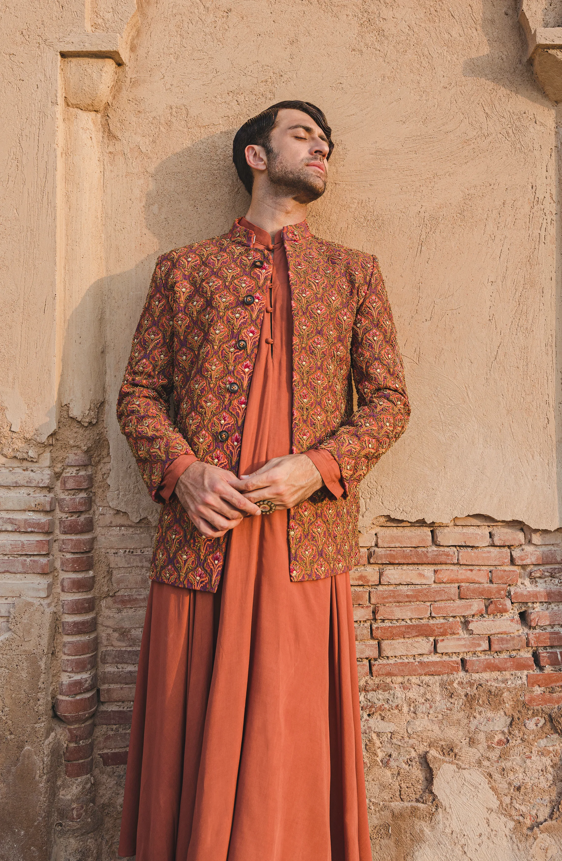 Handcrafted Rust Prince Coat with Rajasthani Kurta and Pajama