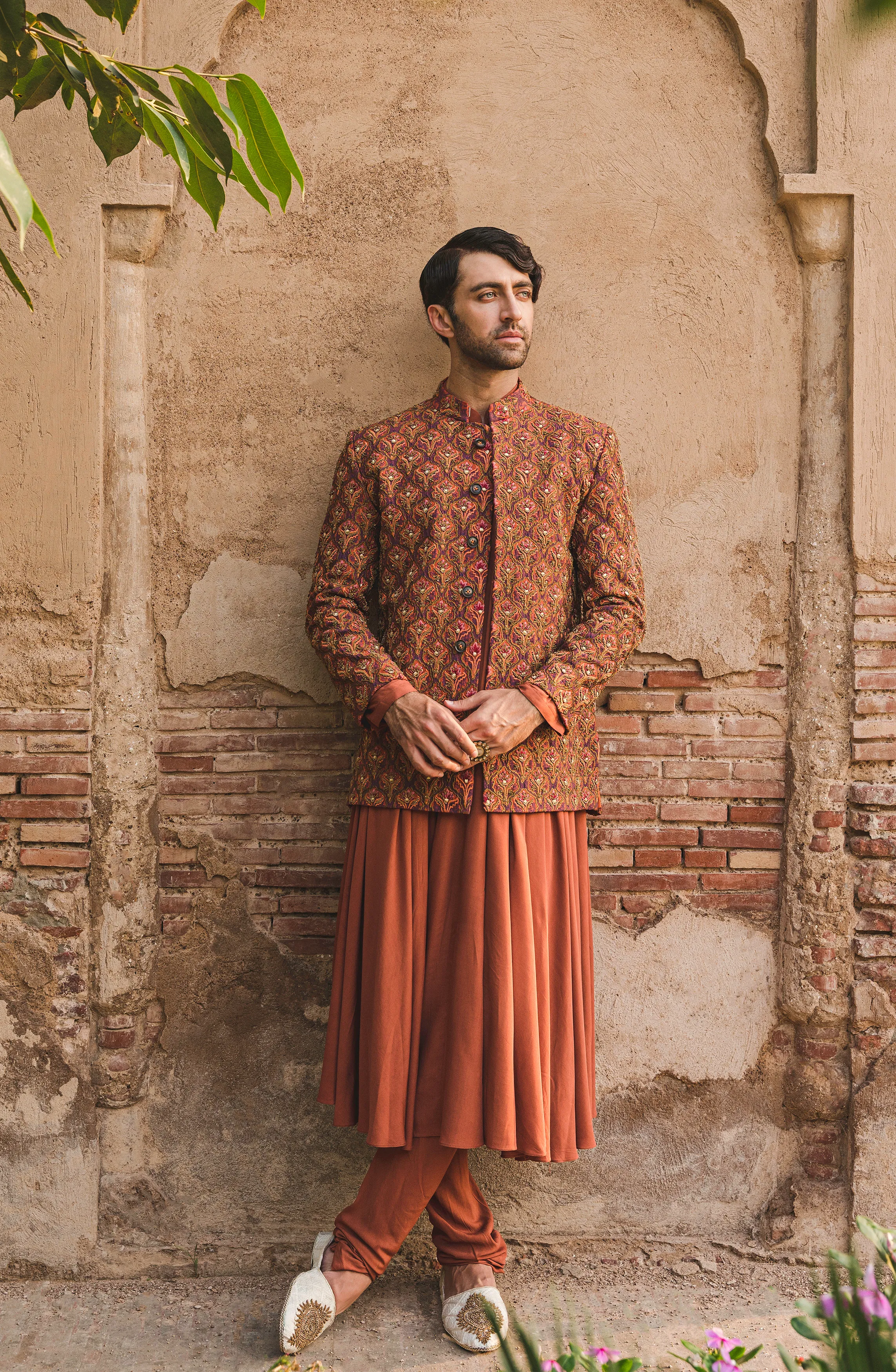 Handcrafted Rust Prince Coat with Rajasthani Kurta and Pajama