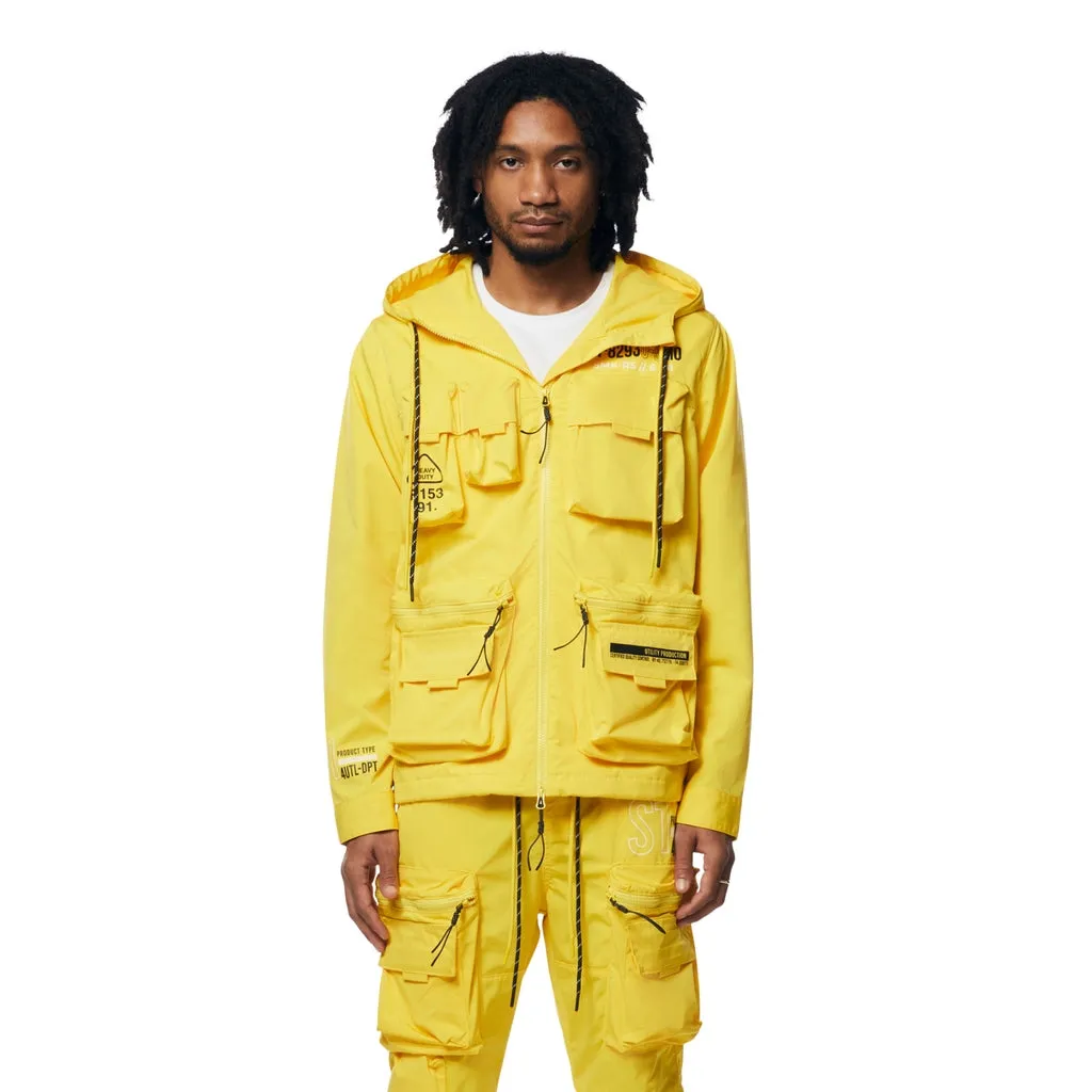 Hooded Full Zip Utility Windbreaker Jacket - Canary