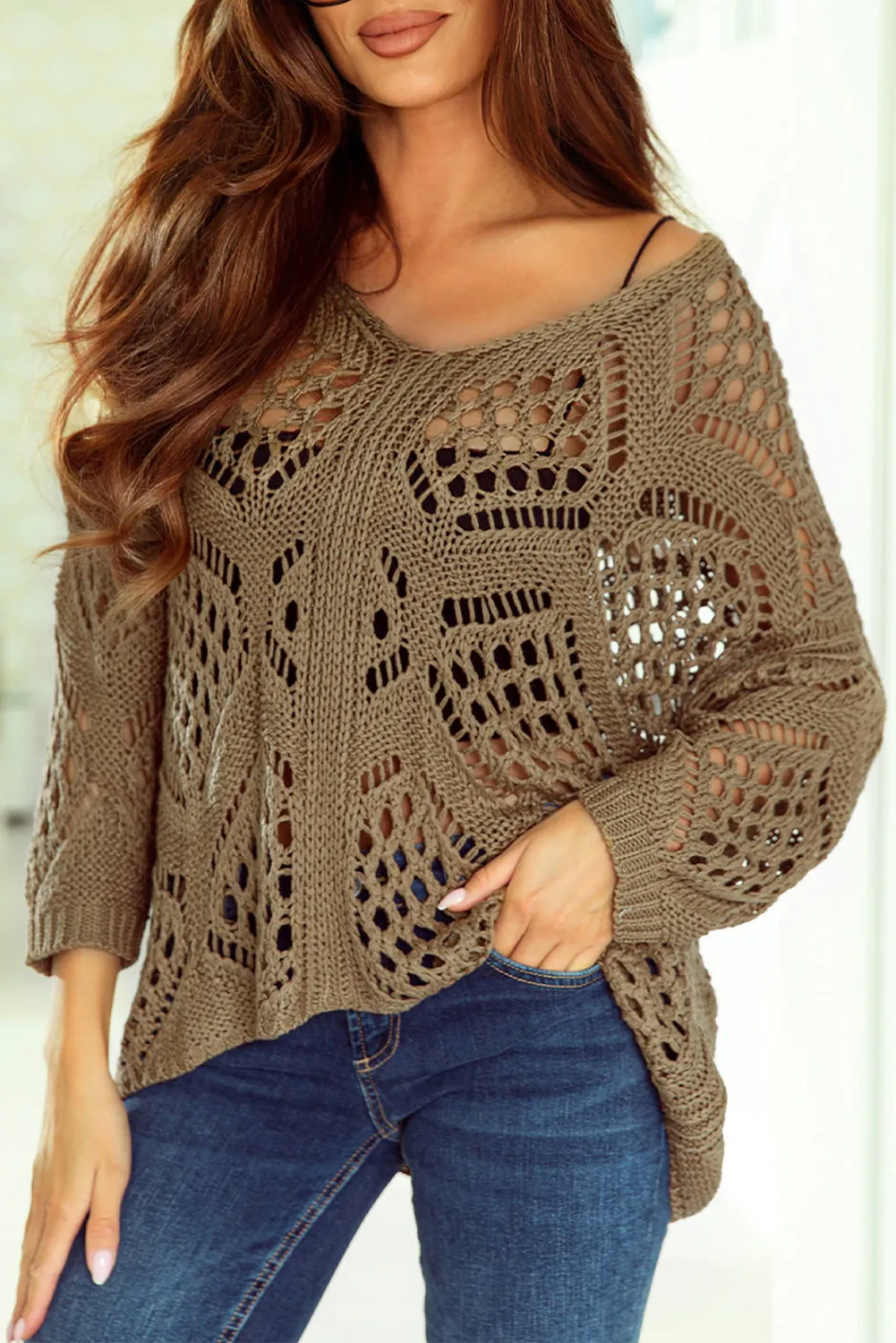 Khaki Hollowed Knit V Neck Dolman Sleeve Sweater