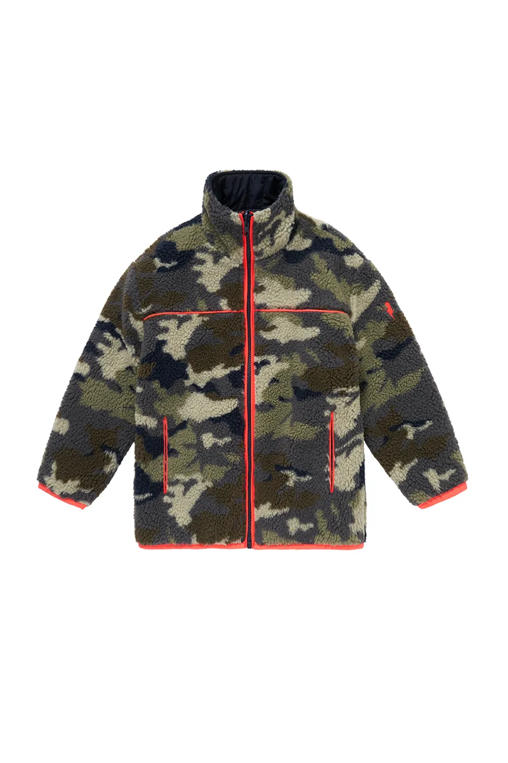 Kids Reversible Quilted Navy Lightning Bolt and Khaki Camo Borg Coat