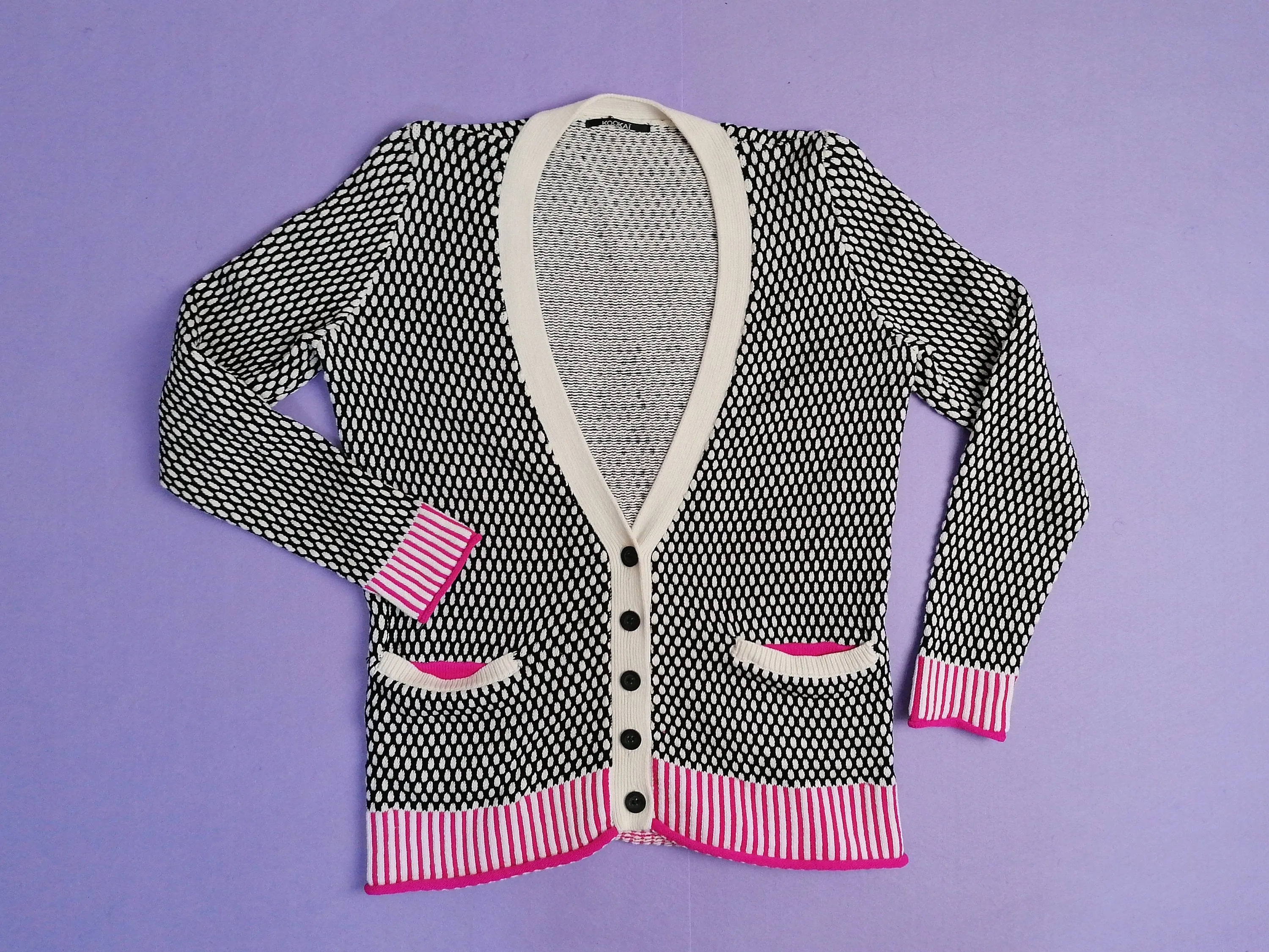 KOOKAI Cardigan Knit Sweater White Black Pink - size S-M