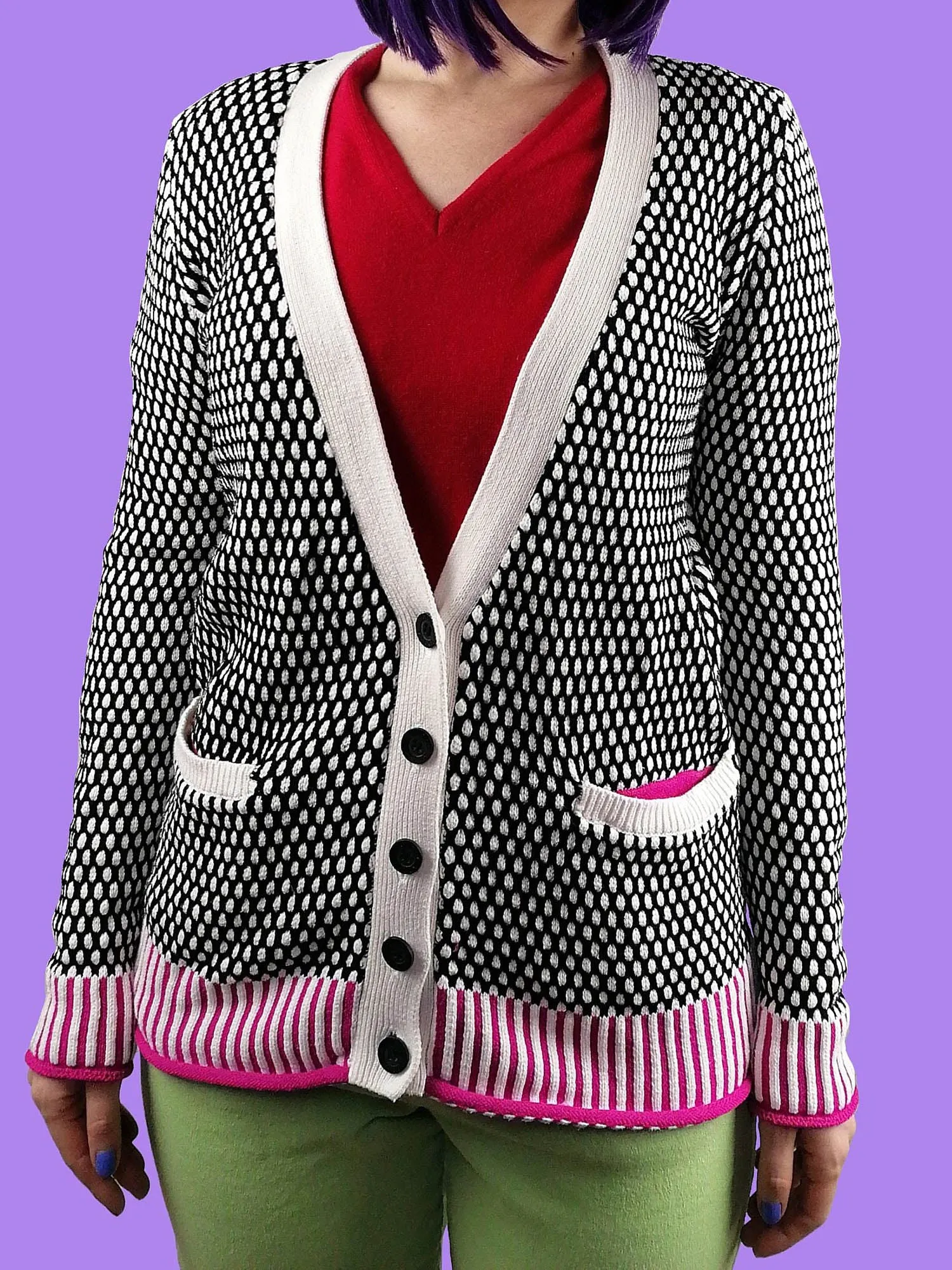 KOOKAI Cardigan Knit Sweater White Black Pink - size S-M