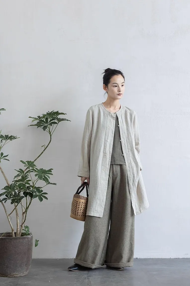 Linen Long Sleeve Button Coat in Natural