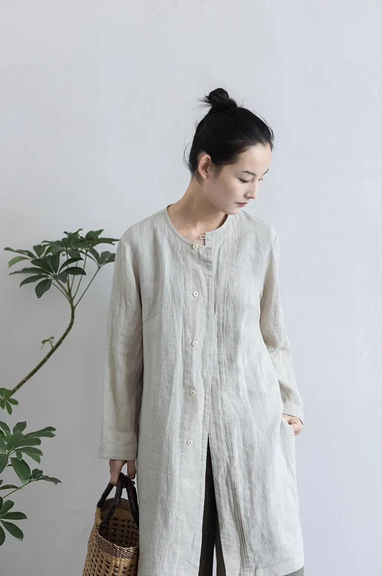 Linen Long Sleeve Button Coat in Natural