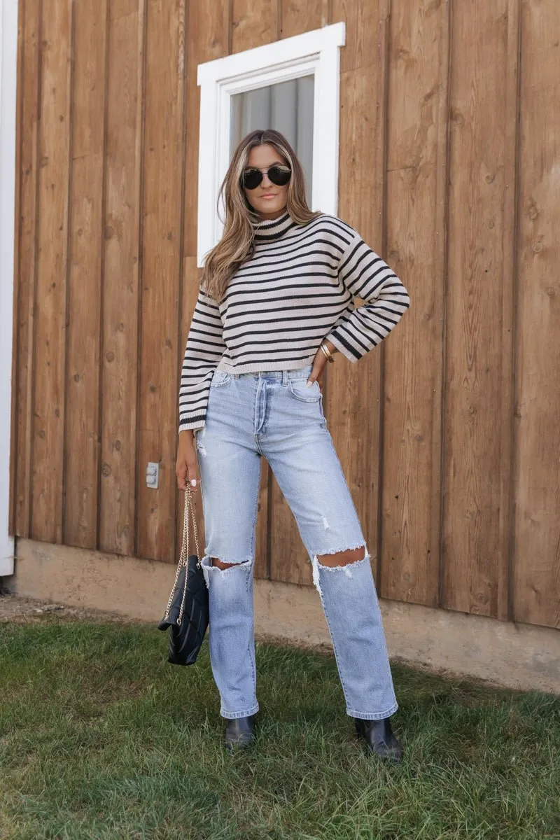 Mocha Striped Long Sleeve Turtleneck Sweater