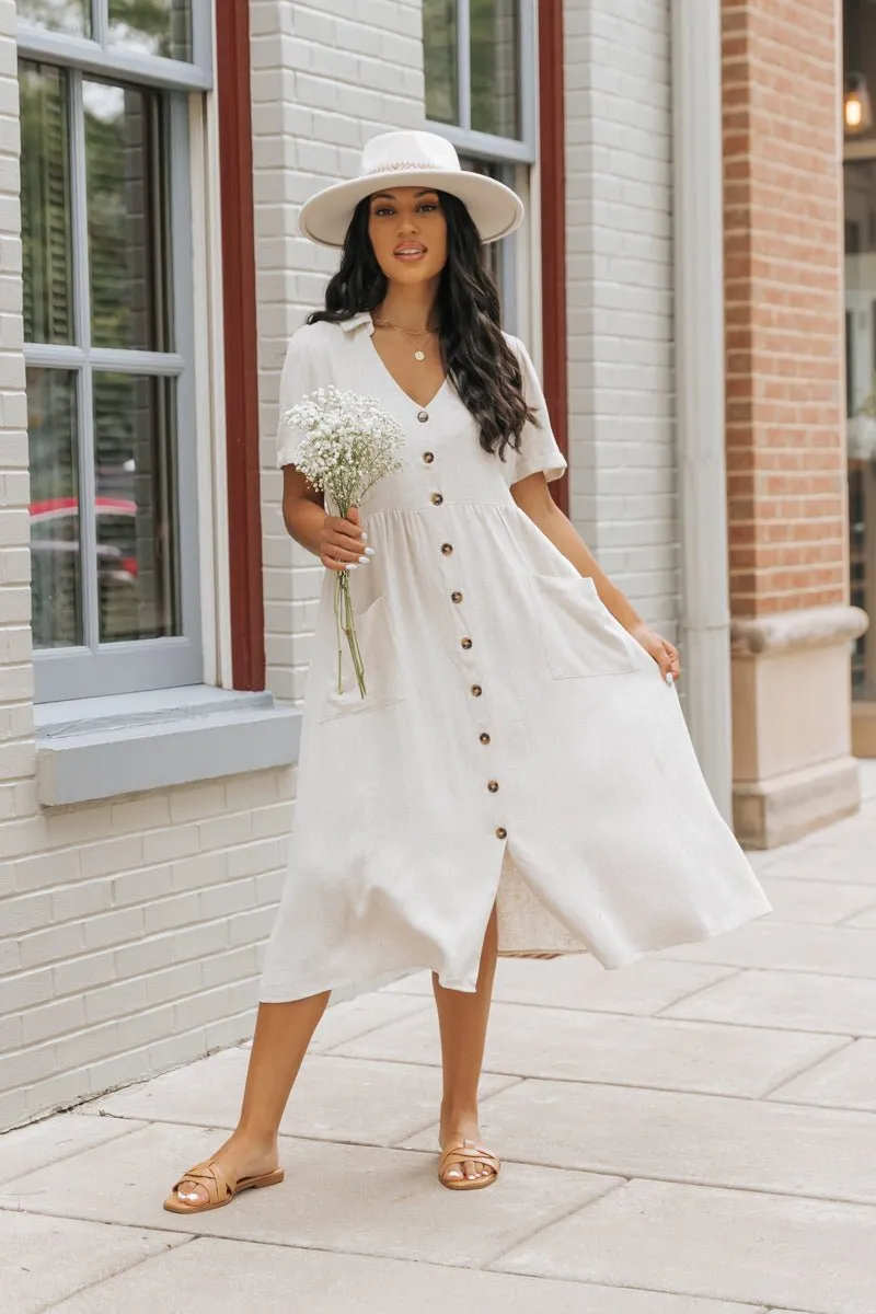 Oatmeal Button Down Linen Midi Dress - FINAL SALE