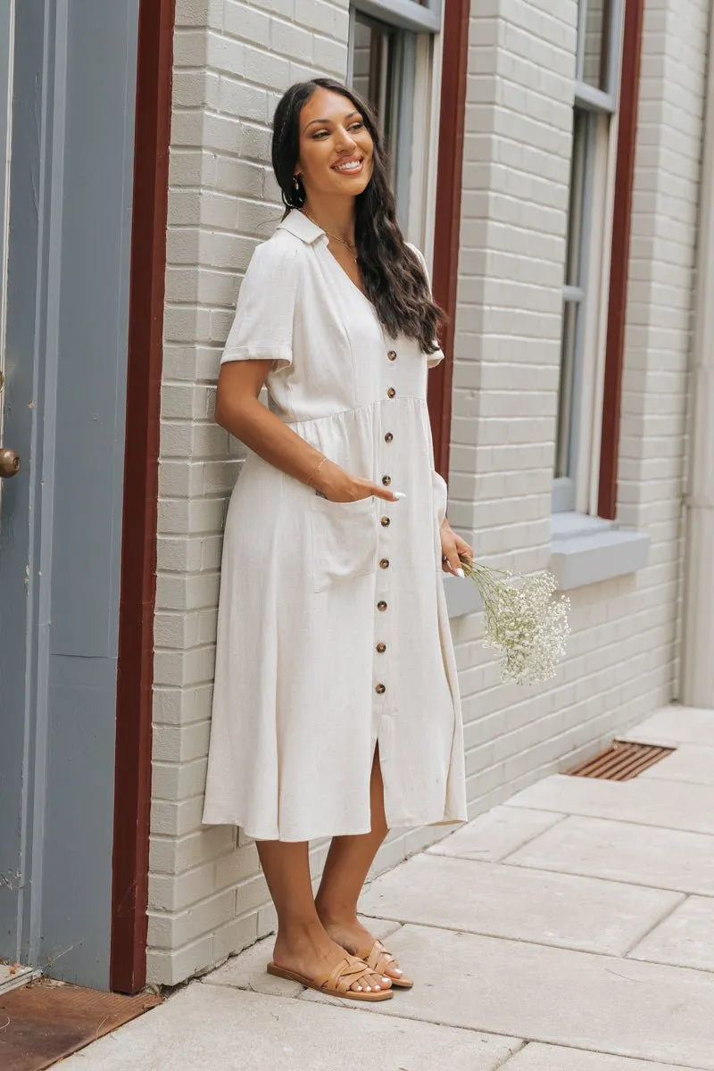 Oatmeal Button Down Linen Midi Dress - FINAL SALE