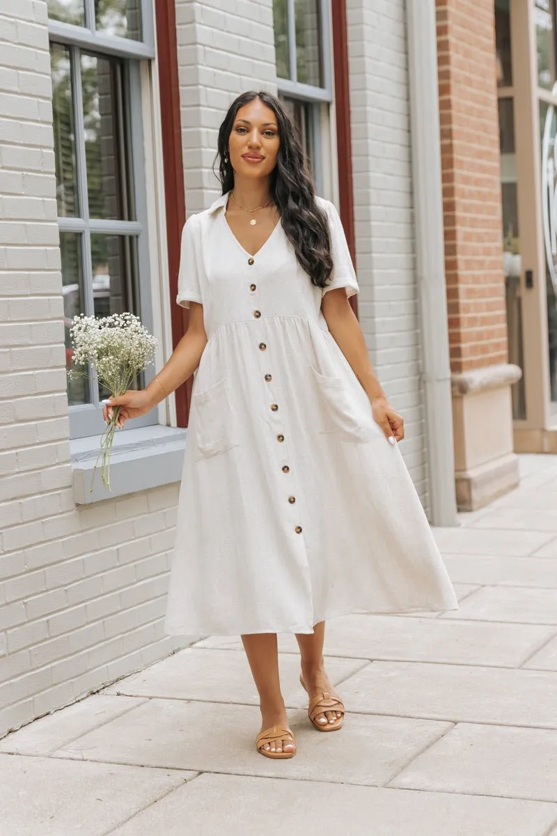 Oatmeal Button Down Linen Midi Dress - FINAL SALE