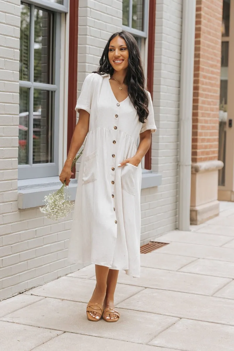 Oatmeal Button Down Linen Midi Dress - FINAL SALE