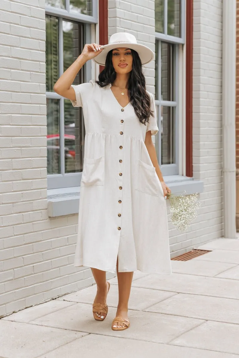 Oatmeal Button Down Linen Midi Dress - FINAL SALE