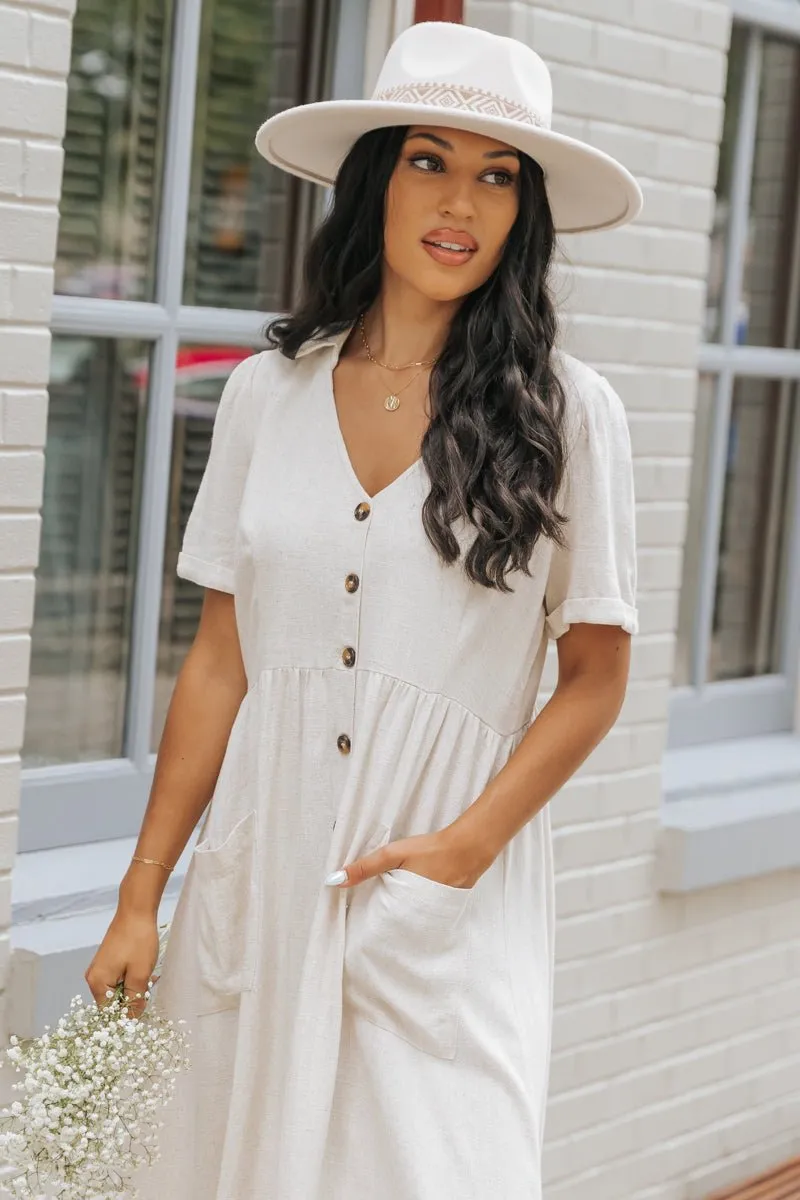 Oatmeal Button Down Linen Midi Dress - FINAL SALE