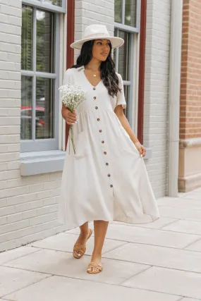 Oatmeal Button Down Linen Midi Dress - FINAL SALE