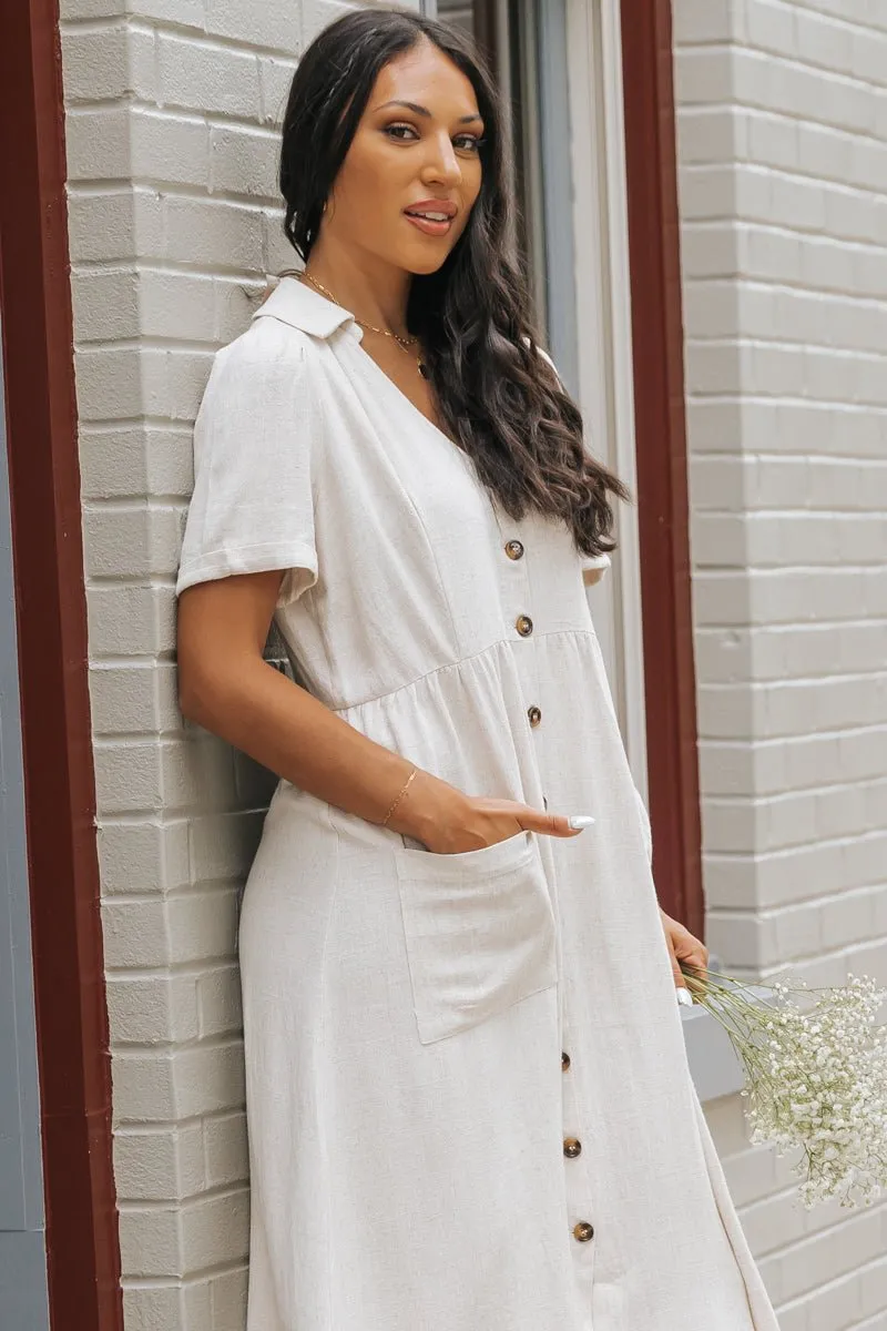 Oatmeal Button Down Linen Midi Dress - FINAL SALE