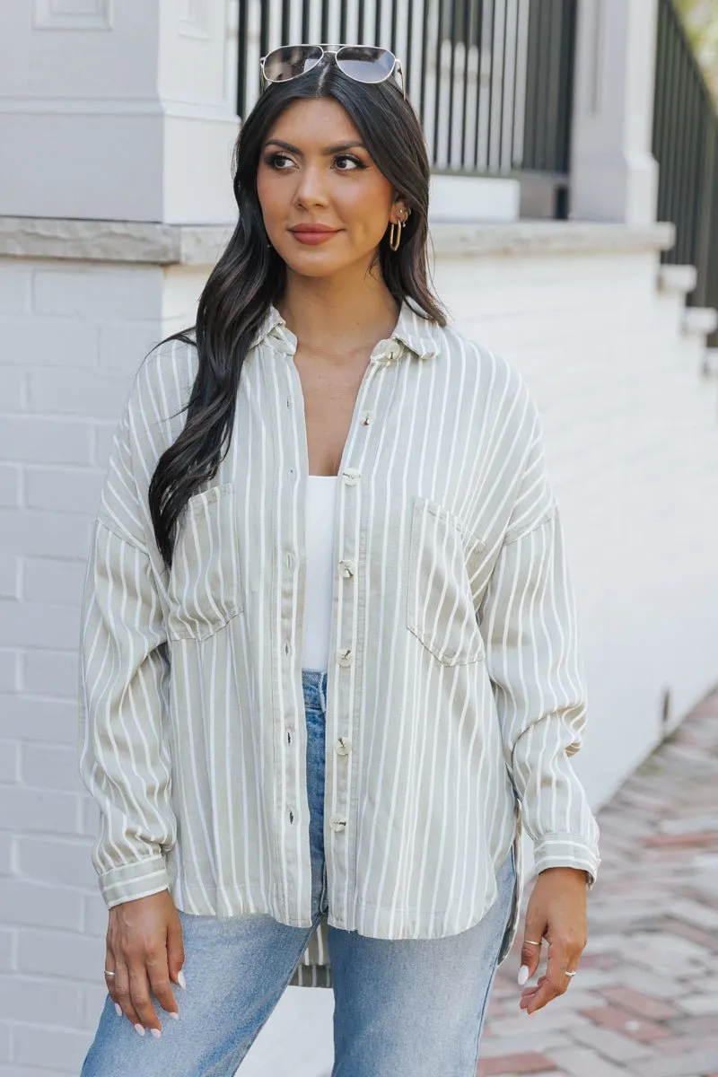 Olive Striped Button Down Shirt