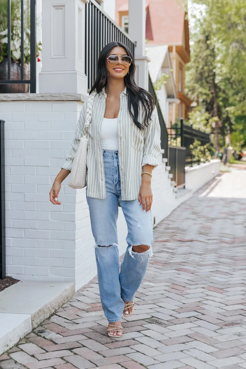 Olive Striped Button Down Shirt