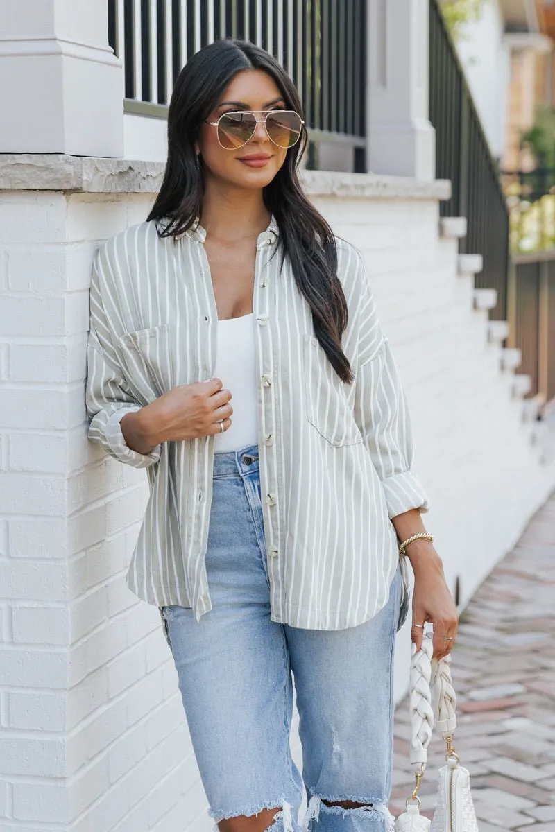 Olive Striped Button Down Shirt