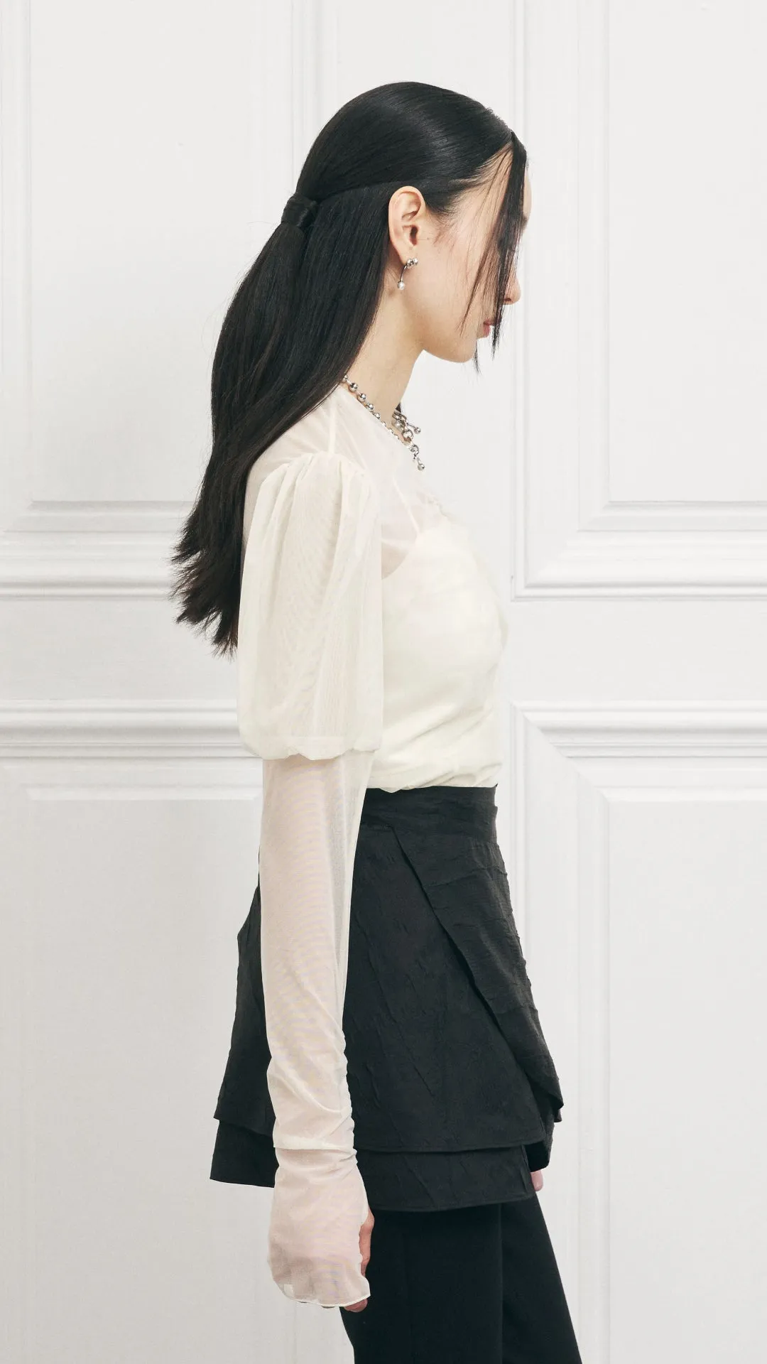 Puff Sleeves Mesh Turtleneck Top