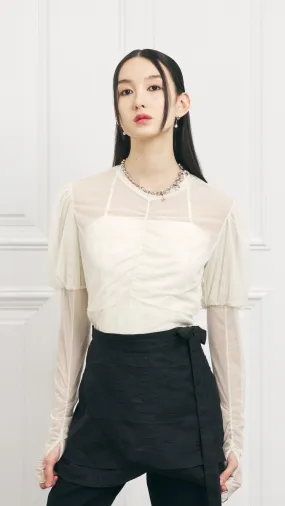 Puff Sleeves Mesh Turtleneck Top