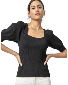 Ribbed Elbow Sleeve Square Neck Sweater (Black)