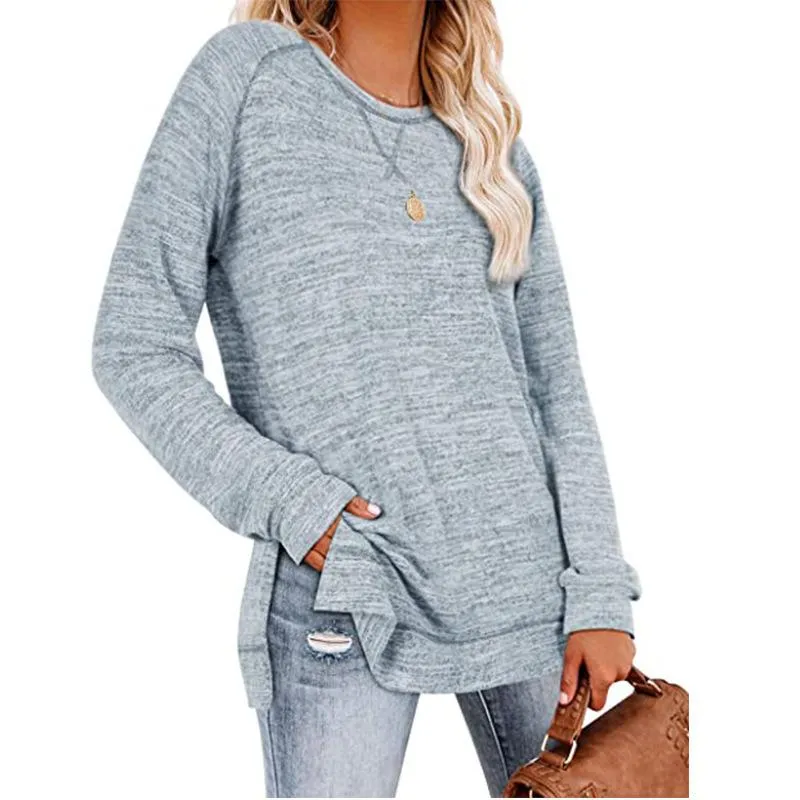 Solid color sweater cross-neck long-sleeved split top