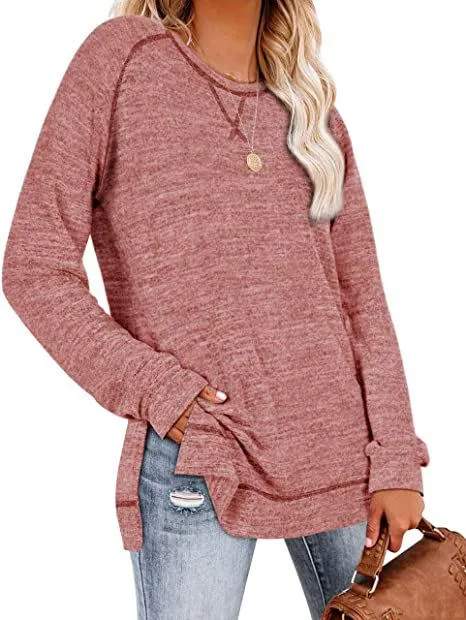 Solid color sweater cross-neck long-sleeved split top