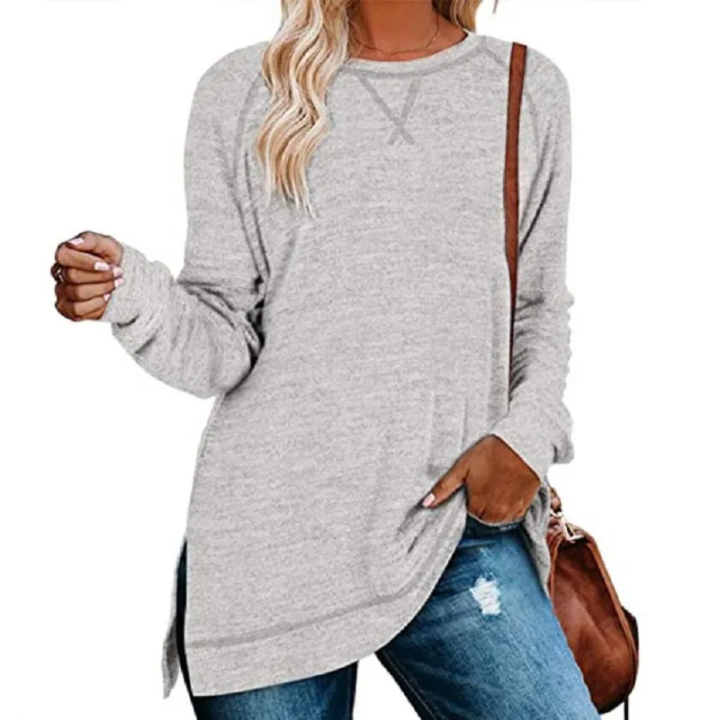 Solid color sweater cross-neck long-sleeved split top