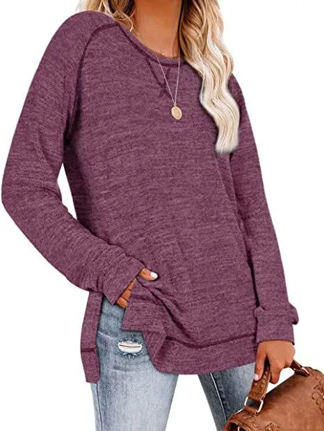 Solid color sweater cross-neck long-sleeved split top