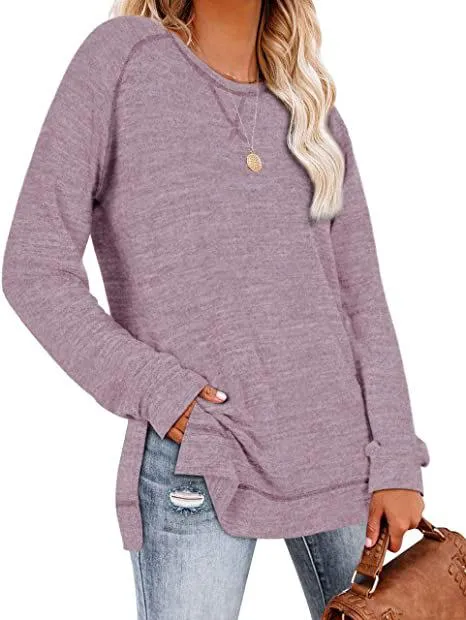 Solid color sweater cross-neck long-sleeved split top