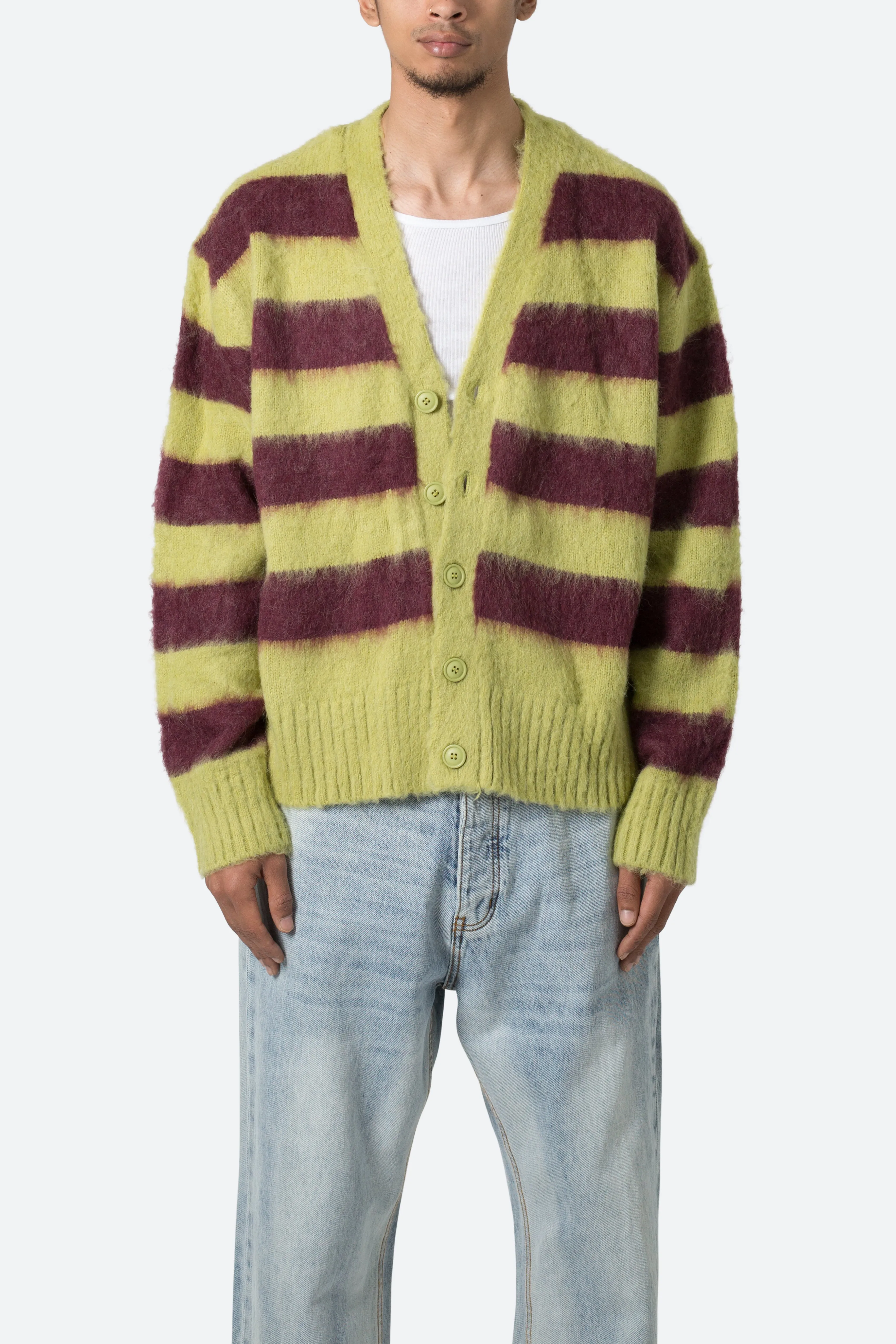 Striped Mohair Cardigan Sweater - Green/Brown