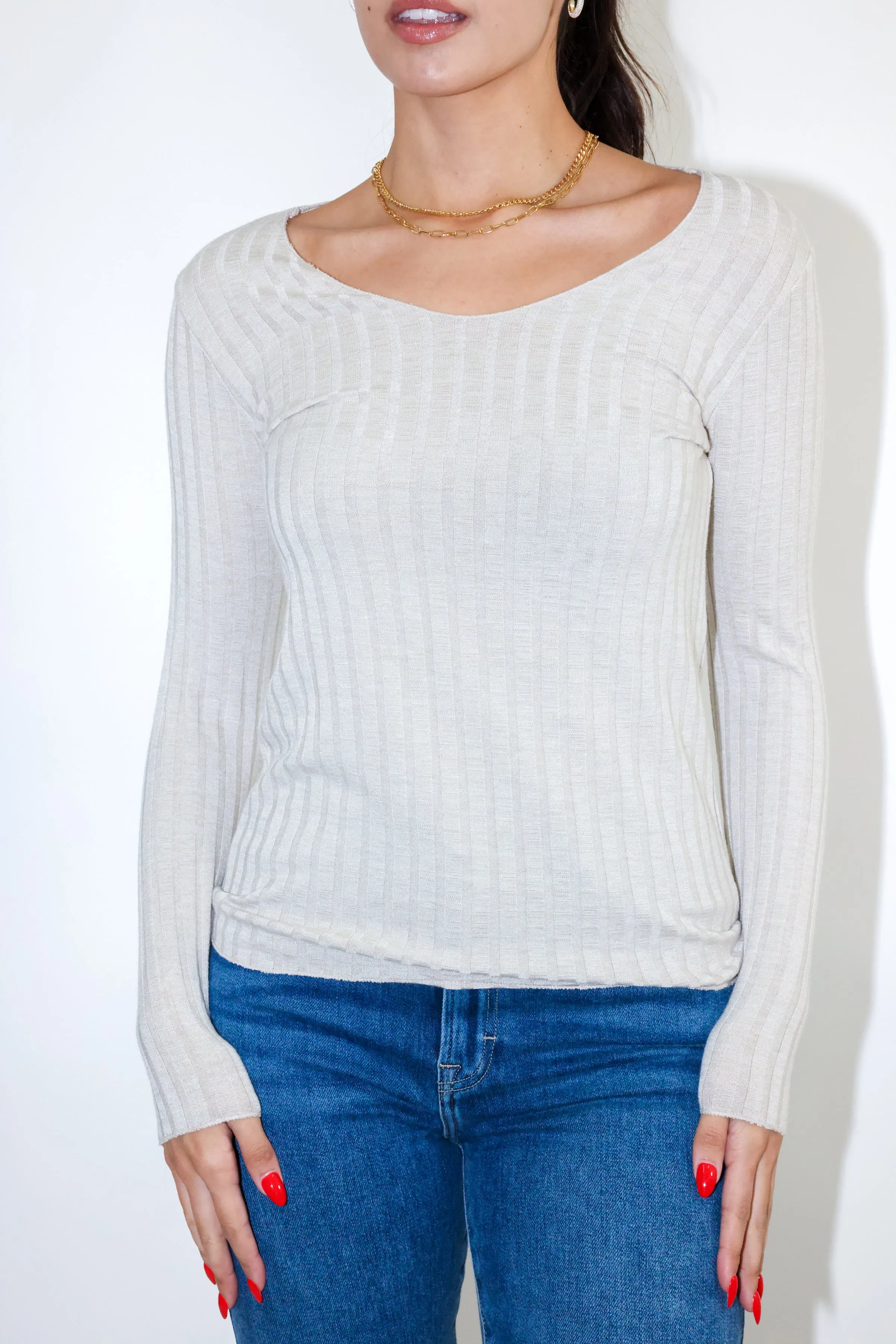 V Neck Long Sleeve Sweater Ribbed Top