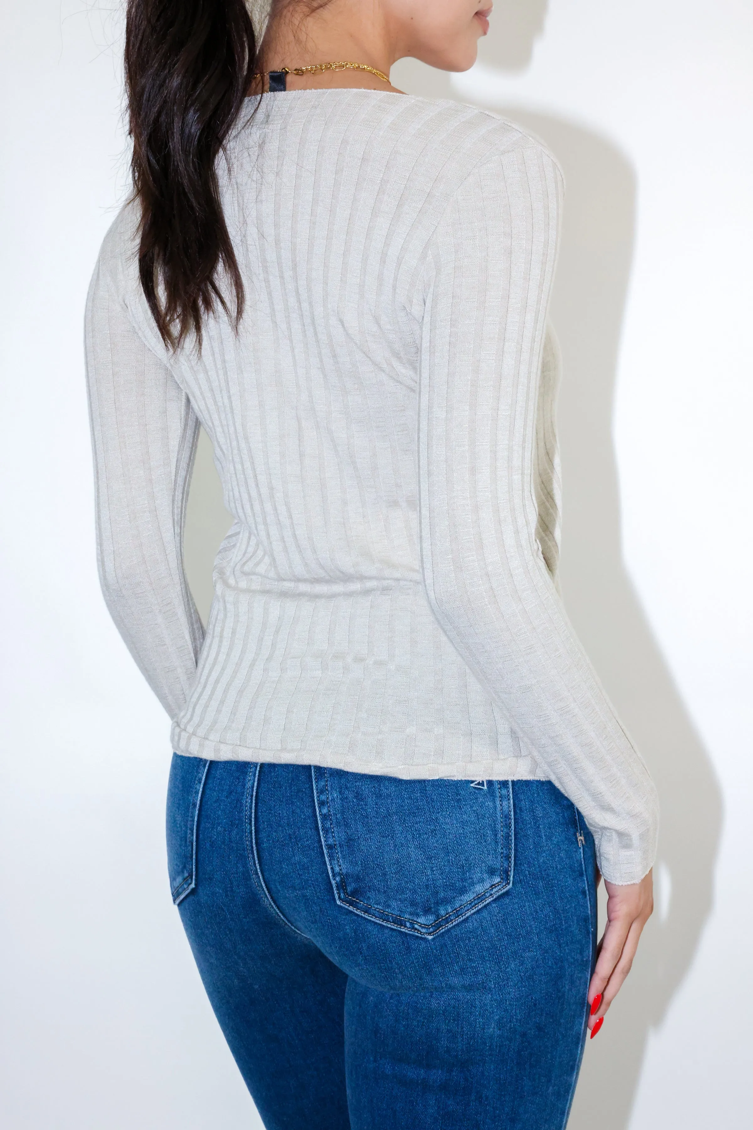 V Neck Long Sleeve Sweater Ribbed Top