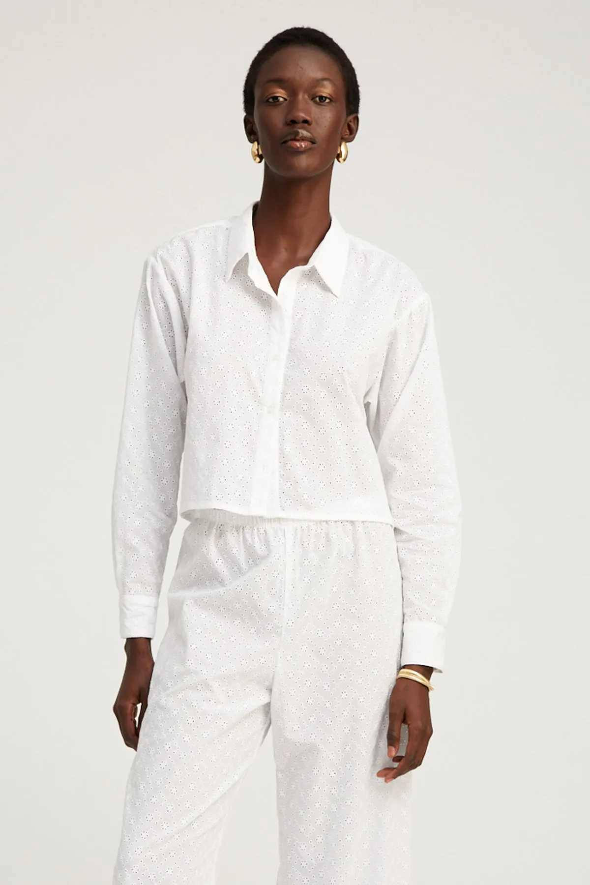 White Eyelet Cropped Button Down