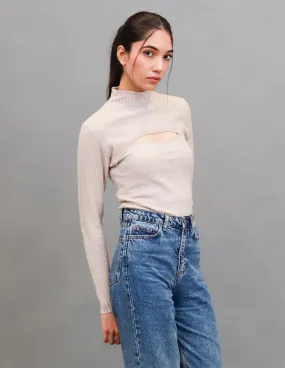 Women Beige Cut Out Turtleneck Crop