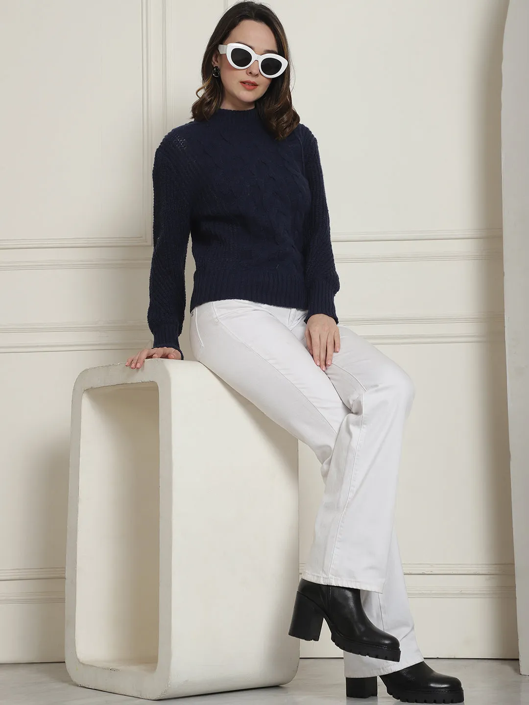 Women Dark Blue Turtleneck Sweater