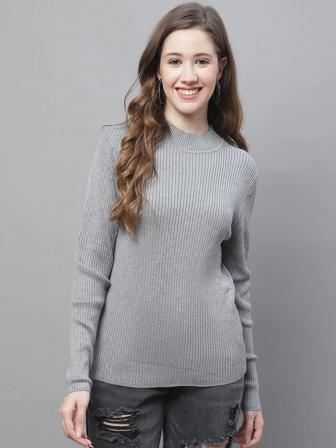 Women Grey Ribbed Turtleneck