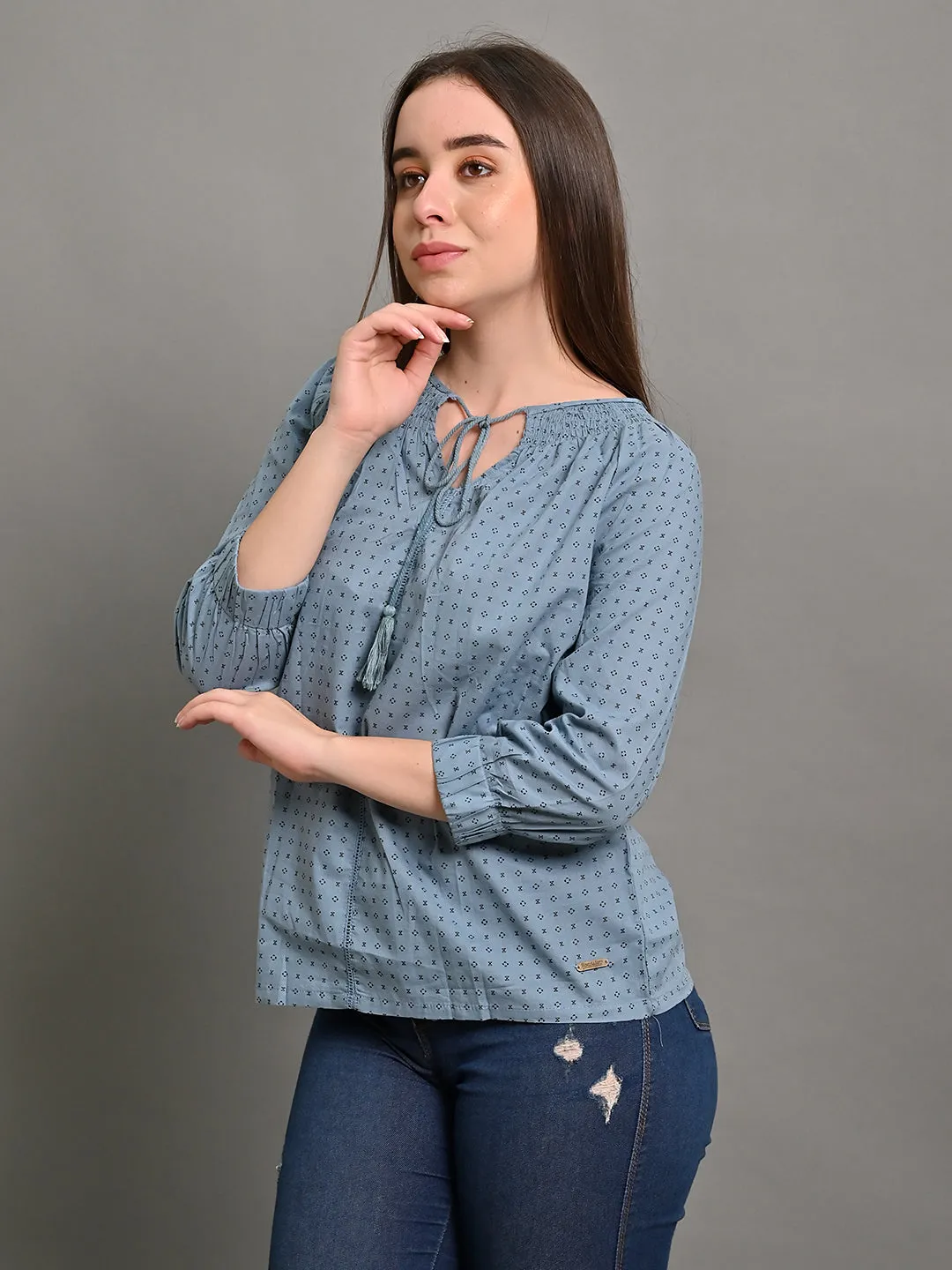 Women Light Blue Round Neck Top