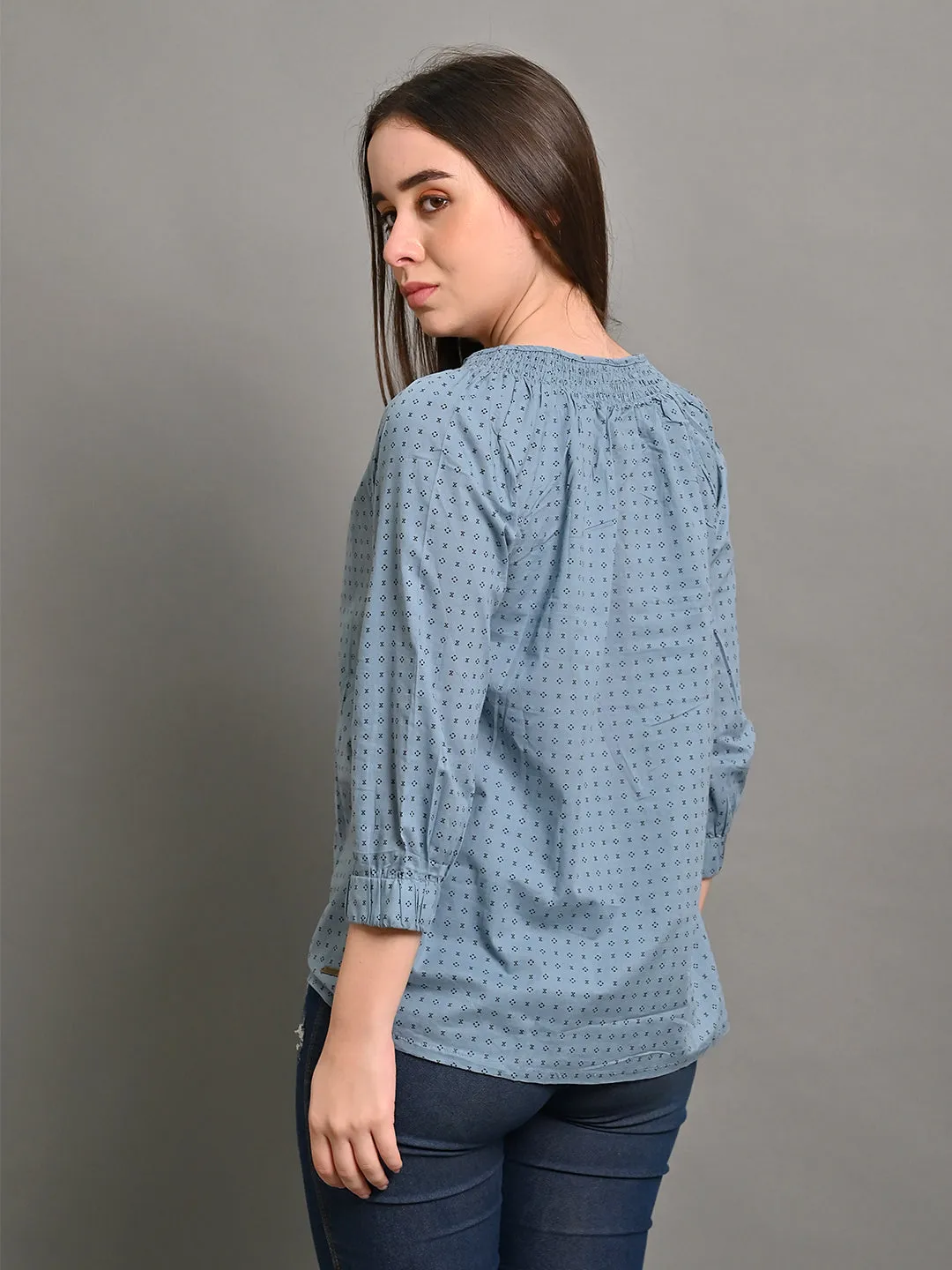 Women Light Blue Round Neck Top